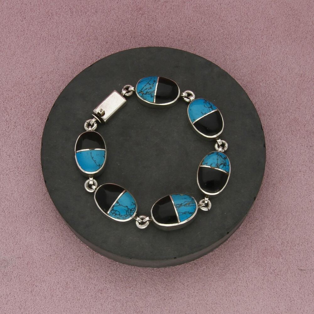 taxco mexico sterling silver vintage turquoise & onyx link bracelet size 6.5in